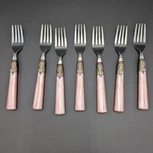 Gibson Roseland Salad Forks Set of 7 Pearlescent Pink Handles Ornate Vintage